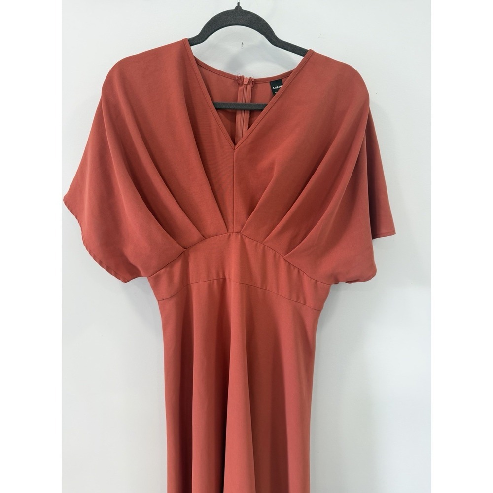 Shein Burnt Orange Maxi Dress Ruched Back Flare Sleeve Boho Style Size 6 Flowy - Picture 3 of 9